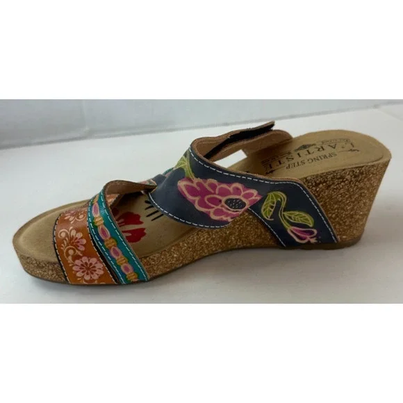 Spring Step L'Artiste Swan Sandals Handpainted Leather Wedge Heel Boho 36 5.5/6 - Picture 4 of 12